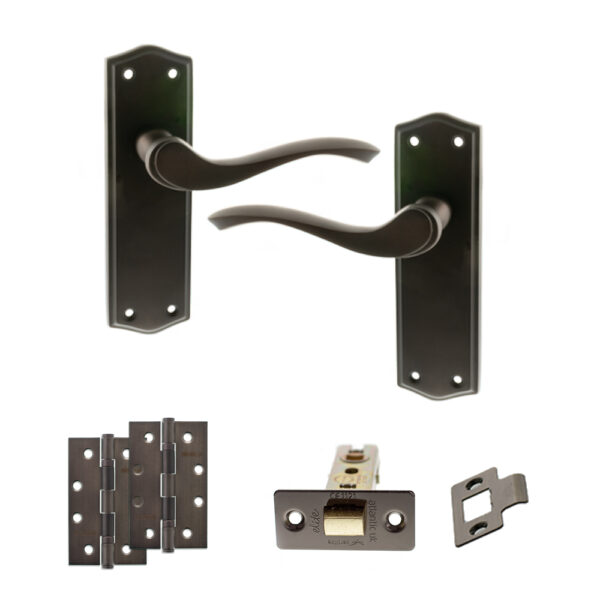 Old English Warwick Door Handle Pack (Latch Set - 2.5" CE Latch, 4" Slim Knuckle Hinges x2) - Urban Dark Bronze