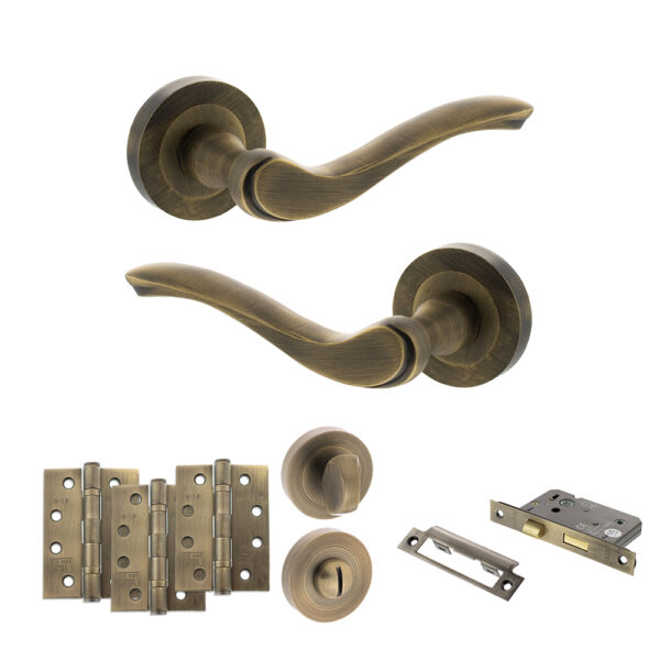 Old English Warwick Door Handle Pack (Bathroom Set - 2.5" CE Bathroom Lock, 4" Fire Rated Hinges x3) - Matt Antique Brass
