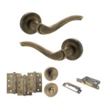 Old English Warwick Door Handle Pack (Bathroom Set - 3" CE Bathroom Lock, 4" Fire Rated Hinges x3) - Matt Antique Brass