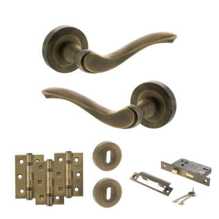 Old English Warwick Door Handle Pack (3 Lever Lock Set - 3" CE Sashlock, 3" Fire Rated Hinges x3) - Matt Antique Brass