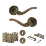 Old English Warwick Door Handle Pack (3 Lever Lock Set - 3" CE Sashlock, 4" Fire Rated Hinges x3) - Matt Antique Brass