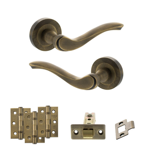 Old English Warwick Door Handle Pack (Latch Set - 2.5" CE Latch, 3" Fire Rated Hinges x3) - Matt Antique Brass