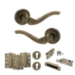 Old English Warwick Door Handle Pack (Euro Lock Set - 2.5" CE Sashlock, 4" Fire Rated Hinges x3) - Matt Antique Brass