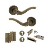 Old English Warwick Door Handle Pack (Euro Lock Set - 2.5" CE Sashlock, 4" Slim Knuckle Hinges x2) - Matt Antique Brass