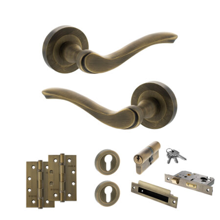 Old English Warwick Door Handle Pack (Euro Lock Set - 3" CE Sashlock, 4" Slim Knuckle Hinges x2) - Matt Antique Brass