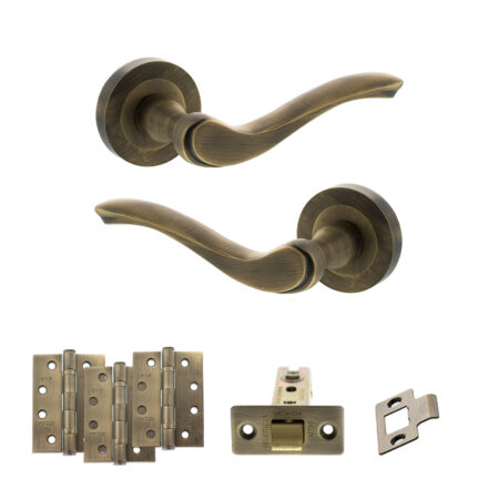 Old English Warwick Door Handle Pack (Latch Set - 3" CE Latch, 4" Fire Rated Hinges x3) - Matt Antique Brass