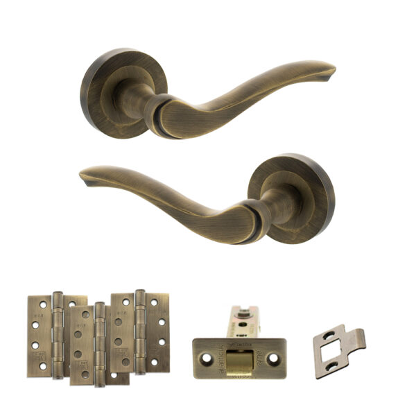 Old English Warwick Door Handle Pack (Latch Set - 3" CE Latch, 4" Fire Rated Hinges x3) - Matt Antique Brass