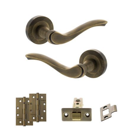 Old English Warwick Door Handle Pack (Latch Set - 2.5" CE Latch, 4" Slim Knuckle Hinges x2) - Matt Antique Brass