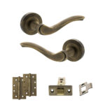 Old English Warwick Door Handle Pack (Latch Set - 3" CE Latch, 4" Slim Knuckle Hinges x2) - Matt Antique Brass
