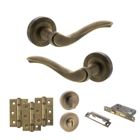 Old English Warwick Door Handle Pack (Bathroom Set - 2.5" CE Bathroom Lock, 3" Fire Rated Hinges x3) - Matt Antique Brass