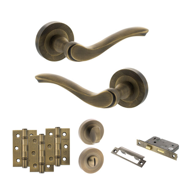 Old English Warwick Door Handle Pack (Bathroom Set - 3" CE Bathroom Lock, 3" Fire Rated Hinges x3) - Matt Antique Brass