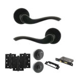 Old English Warwick Door Handle Pack (Bathroom Set - 2.5" CE Bathroom Lock, 4" Fire Rated Hinges x3) - Matt Black