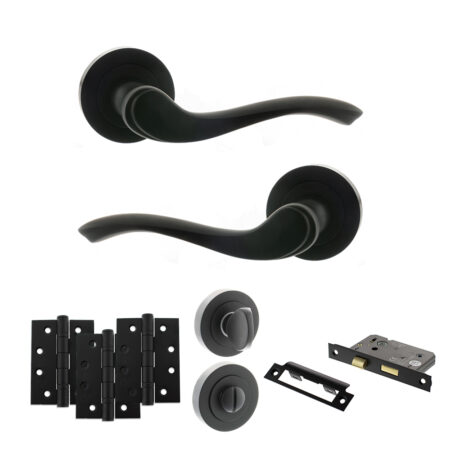 Old English Warwick Door Handle Pack (Bathroom Set - 2.5" CE Bathroom Lock, 4" Fire Rated Hinges x3) - Matt Black