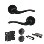 Old English Warwick Door Handle Pack (Bathroom Set - 2.5" CE Bathroom Lock, 4" Slim Knuckle Hinges x2) - Matt Black