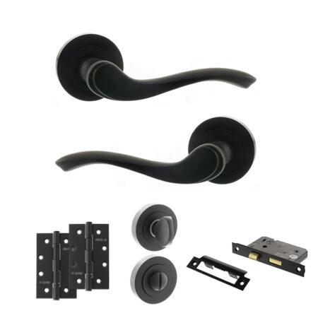 Old English Warwick Door Handle Pack (Bathroom Set - 2.5" CE Bathroom Lock, 4" Slim Knuckle Hinges x2) - Matt Black