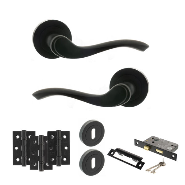 Old English Warwick Door Handle Pack (3 Lever Lock Set - 2.5" CE Sashlock, 3" Fire Rated Hinges x3) - Matt Black
