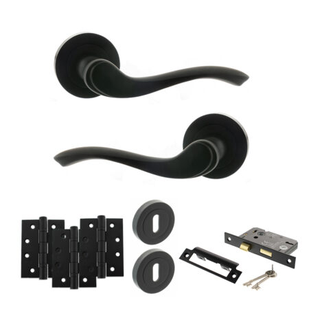 Old English Warwick Door Handle Pack (3 Lever Lock Set - 3" CE Sashlock, 4" Fire Rated Hinges x3) - Matt Black