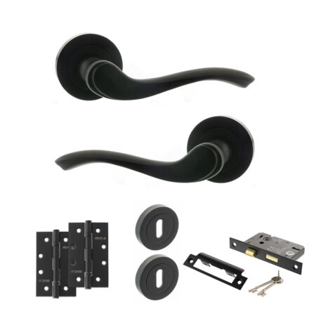 Old English Warwick Door Handle Pack (3 Lever Lock Set - 2.5" CE Sashlock, 4" Slim Knuckle Hinges x2) - Matt Black
