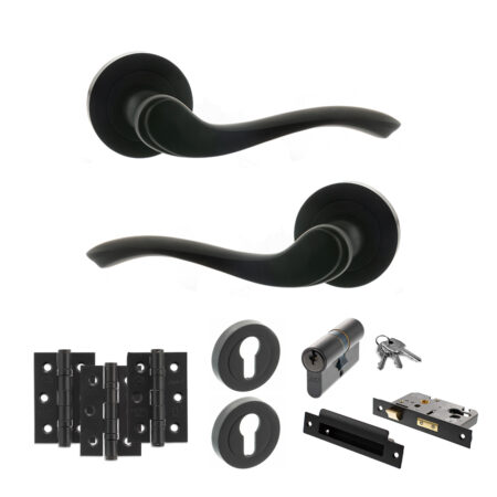 Old English Warwick Door Handle Pack (Euro Lock Set - 3" CE Sashlock, 3" Fire Rated Hinges x3) - Matt Black