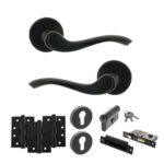 Old English Warwick Door Handle Pack (Euro Lock Set - 3" CE Sashlock, 4" Fire Rated Hinges x3) - Matt Black