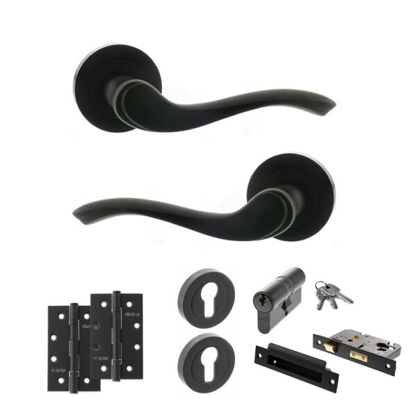 Old English Warwick Door Handle Pack (Euro Lock Set - 2.5" CE Sashlock, 4" Slim Knuckle Hinges x2) - Matt Black