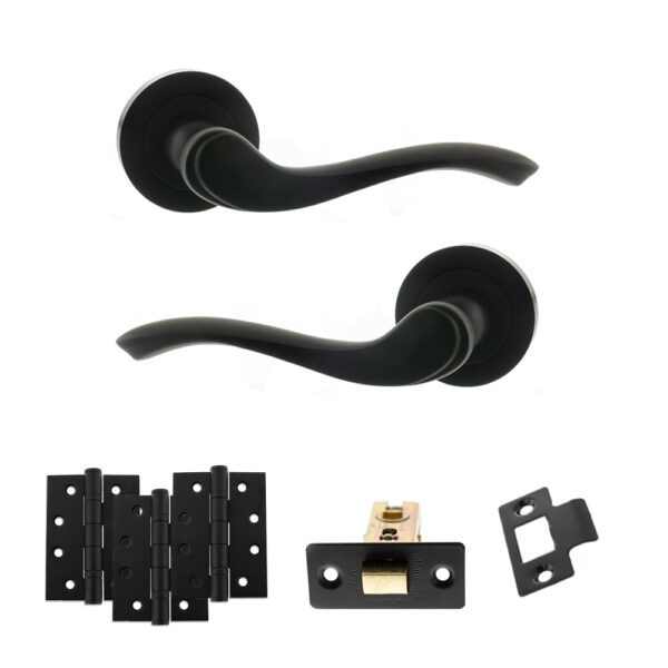 Old English Warwick Door Handle Pack (Latch Set - 2.5" CE Latch, 4" Fire Rated Hinges x3) - Matt Black