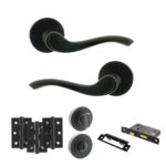 Old English Warwick Door Handle Pack (Bathroom Set - 2.5" CE Bathroom Lock, 3" Fire Rated Hinges x3) - Matt Black
