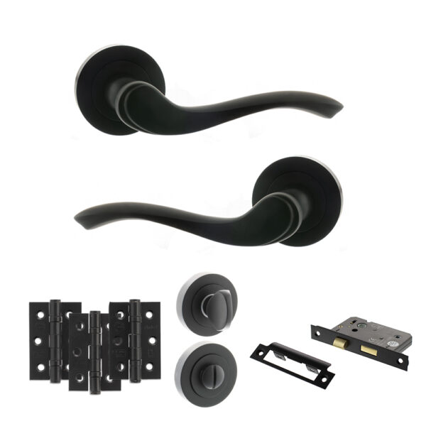 Old English Warwick Door Handle Pack (Bathroom Set - 3" CE Bathroom Lock, 3" Fire Rated Hinges x3) - Matt Black