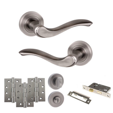 Old English Warwick Door Handle Pack (Bathroom Set - 2.5" CE Bathroom Lock, 4" Fire Rated Hinges x3) - Matt Gun Metal