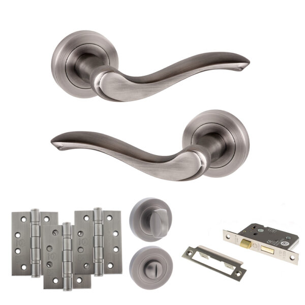 Old English Warwick Door Handle Pack (Bathroom Set - 3" CE Bathroom Lock, 4" Fire Rated Hinges x3) - Matt Gun Metal