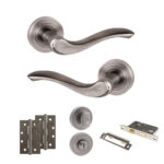 Old English Warwick Door Handle Pack (Bathroom Set - 2.5" CE Bathroom Lock, 4" Slim Knuckle Hinges x2) - Matt Gun Metal