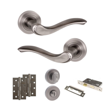 Old English Warwick Door Handle Pack (Bathroom Set - 2.5" CE Bathroom Lock, 4" Slim Knuckle Hinges x2) - Matt Gun Metal