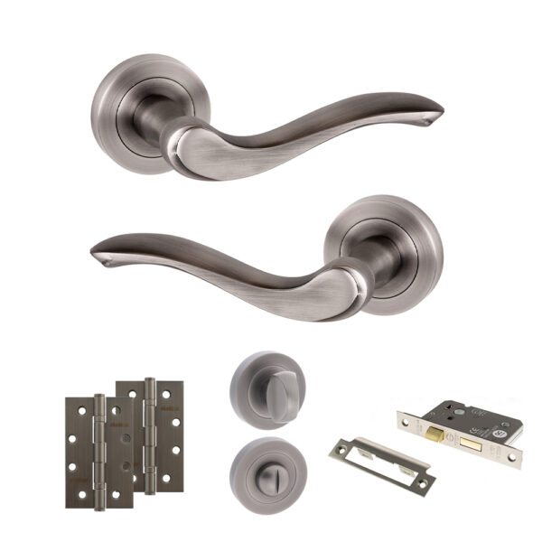 Old English Warwick Door Handle Pack (Bathroom Set - 2.5" CE Bathroom Lock, 4" Slim Knuckle Hinges x2) - Matt Gun Metal