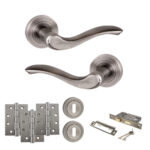 Old English Warwick Door Handle Pack (3 Lever Lock Set - 3" CE Sashlock, 4" Fire Rated Hinges x3) - Matt Gun Metal