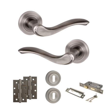 Old English Warwick Door Handle Pack (3 Lever Lock Set - 2.5" CE Sashlock, 4" Slim Knuckle Hinges x2) - Matt Gun Metal