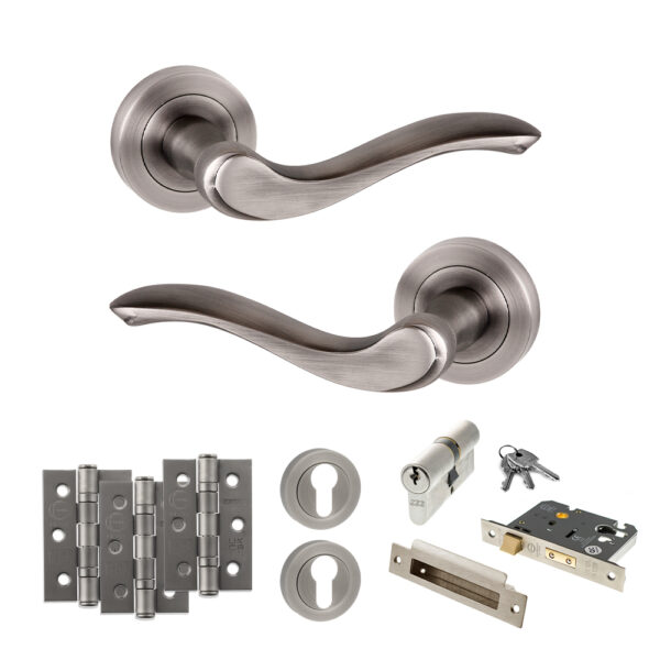 Old English Warwick Door Handle Pack (Euro Lock Set - 3" CE Sashlock, 3" Fire Rated Hinges x3) - Matt Gun Metal