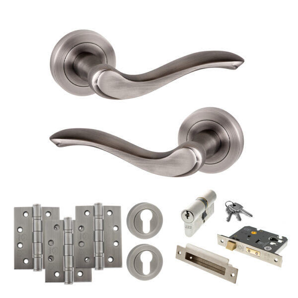 Old English Warwick Door Handle Pack (Euro Lock Set - 3" CE Sashlock, 4" Fire Rated Hinges x3) - Matt Gun Metal