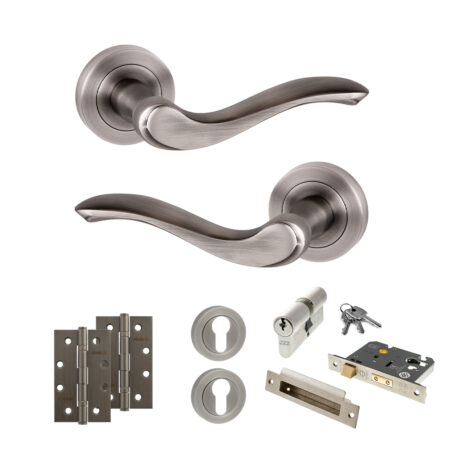 Old English Warwick Door Handle Pack (Euro Lock Set - 3" CE Sashlock, 4" Slim Knuckle Hinges x2) - Matt Gun Metal