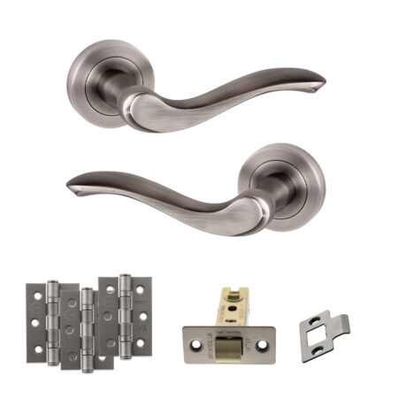 Old English Warwick Door Handle Pack (Latch Set - 3" CE Latch, 3" Fire Rated Hinges x3) - Matt Gun Metal