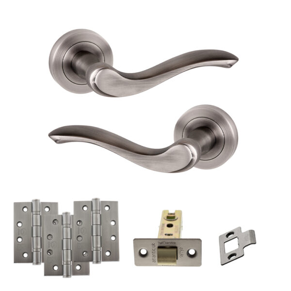 Old English Warwick Door Handle Pack (Latch Set - 2.5" CE Latch, 4" Fire Rated Hinges x3) - Matt Gun Metal