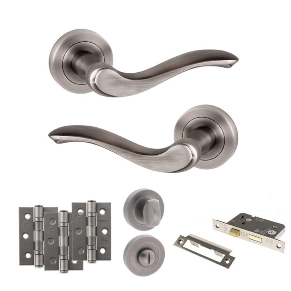 Atlantic Old English Warwick Door Handle Pack (Bathroom Set - 2.5" CE Bathroom Lock, 3" Fire Rated Hinges x3) - Matt Gun Metal