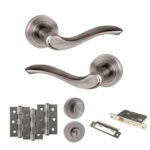 Atlantic Old English Warwick Door Handle Pack (Bathroom Set - 3" CE Bathroom Lock, 3" Fire Rated Hinges x3) - Matt Gun Metal