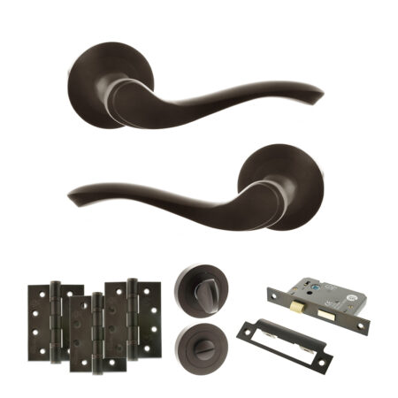 Atlantic Old English Warwick Door Handle Pack (Bathroom Set - 3" CE Bathroom Lock, 4" Fire Rated Hinges x3) - Urban Dark Bronze