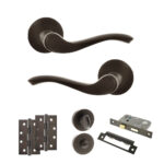 Atlantic Old English Warwick Door Handle Pack (Bathroom Set - 2.5" CE Bathroom Lock, 4" Slim Knuckle Hinges x2) - Urban Dark Bronze