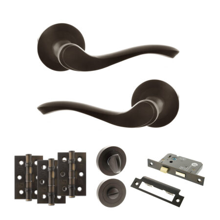 Atlantic Old English Warwick Door Handle Pack (Bathroom Set - 2.5" CE Bathroom Lock, 3" Fire Rated Hinges x3) - Urban Dark Bronze