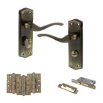 Atlantic Old English Warwick Door Handle Pack (Bathroom Set - 2.5" CE Bathroom Lock, 4" Fire Rated Hinges x3) - Antique Brass