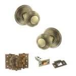 Atlantic Old English Ripon Door Knob Pack (Latch Set - 4" HD Latch, 3" Fire Rated Hinges x3) - Antique Brass