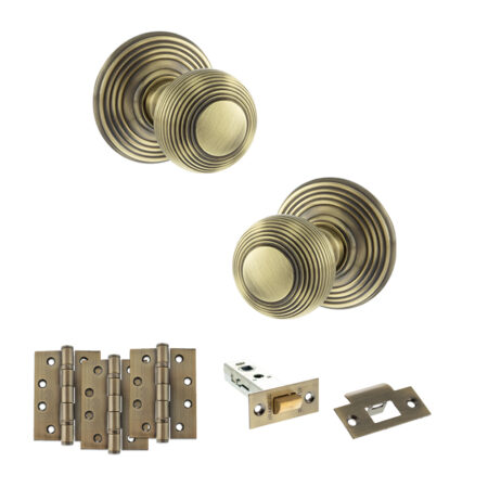 Atlantic Old English Ripon Door Knob Pack (Latch Set - 3" HD Latch, 4" Fire Rated Hinges x3) - Antique Brass