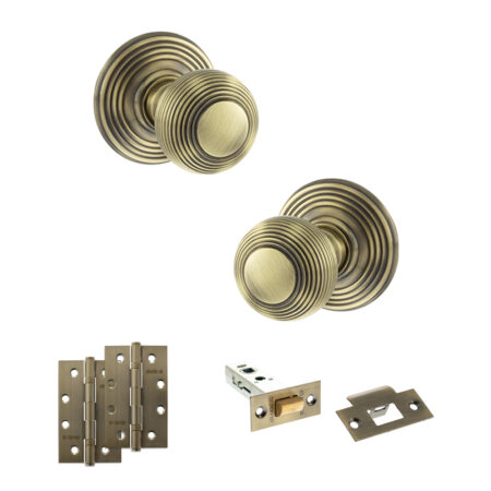 Atlantic Old English Ripon Door Knob Pack (Latch Set - 3" HD Latch, 4" Slim Knuckle Hinges x2) - Antique Brass
