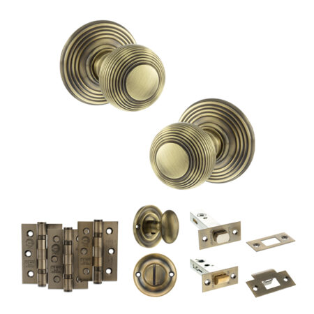Atlantic Old English Ripon Door Knob Pack (Bathroom Set - 3" Deadbolt, 3" Fire Rated Hinges x3) - Antique Brass